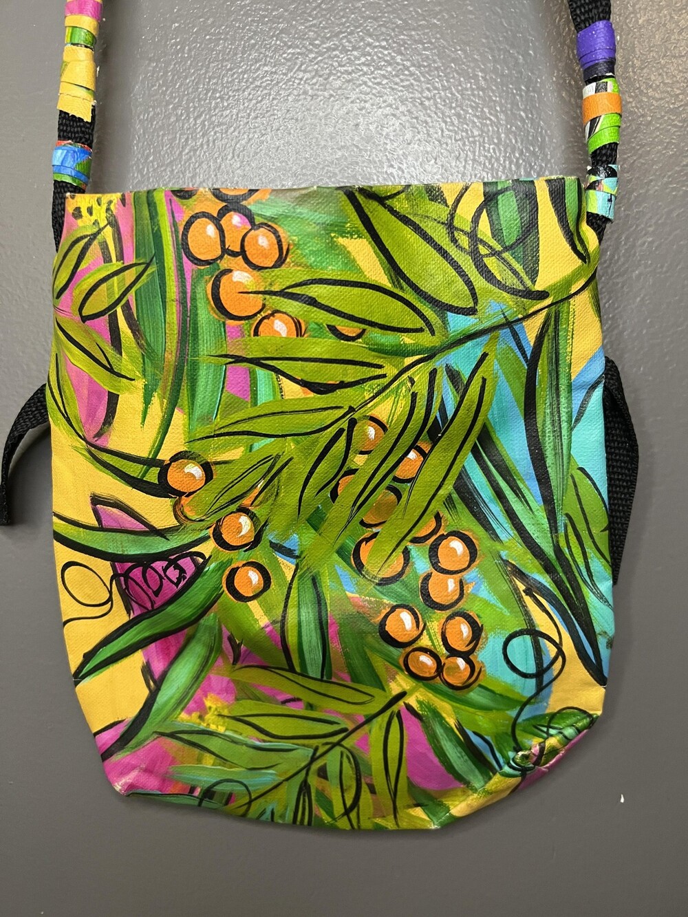 Linda Rovolis Crossbody Bag Womens Small Multicolor Canvas Tropical Hand Painted